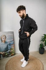 Мужской Свободный Черный Спортивный Костюм с Кантом - Кофта на Молнии + Штаны