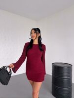 Женское Мягкое Трикотажное Бордовое Платье Мини с Длинными Рукавами Клеш