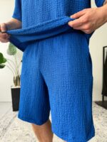 Мужской Легкий Летний Синий Костюм Жатка Оверсайз