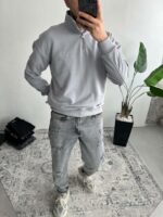 Мужская Серая Кофта Оверсайз - Свитшот с Высокой Горловиной на Замке