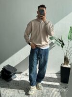 Мужская Бежевая Кофта Оверсайз - Свитшот с Высокой Горловиной на Замке