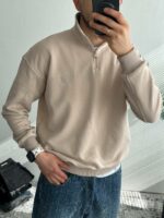 Мужская Бежевая Кофта Оверсайз - Свитшот с Высокой Горловиной на Замке