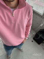 Мужская Розовая Кофта Оверсайз - Свитшот с Высокой Горловиной на Замке