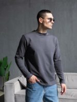Мужской Базовый Графитовый Лонгслив с Круглым Вырезом Горловины