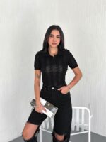 Женская Ажурная Черная Футболка с Воротником Поло