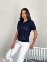 Женская Ажурная Темно-Синяя Футболка с Воротником Поло