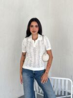 Женская Ажурная Белая Футболка с Воротником Поло