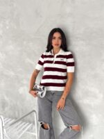 Женская Бордовая Футболка Поло в Широкую Полоску