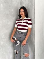 Женская Бордовая Футболка Поло в Широкую Полоску