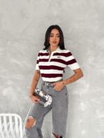 Женская Бордовая Футболка Поло в Широкую Полоску