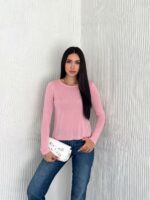 Женская Тонкая Полупрозрачная Розовая Кофта Лонгслив с Круглым Вырезом и Удлиненным Рукавом