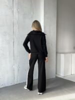 Женский Черный Трикотажный Костюм с Лампасами - Кофта с Широким Воротником + Штаны Палаццо