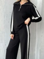 Женский Черный Трикотажный Костюм с Лампасами - Кофта с Широким Воротником + Штаны Палаццо