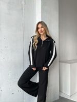 Женский Черный Трикотажный Костюм с Лампасами - Кофта с Широким Воротником + Штаны Палаццо