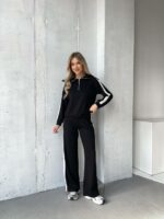 Женский Черный Трикотажный Костюм с Лампасами - Кофта с Широким Воротником + Штаны Палаццо