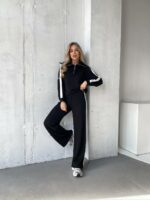 Женский Черный Трикотажный Костюм с Лампасами - Кофта с Широким Воротником + Штаны Палаццо