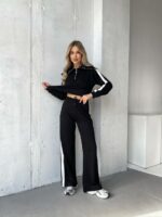 Женский Черный Трикотажный Костюм с Лампасами - Кофта с Широким Воротником + Штаны Палаццо