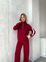 Женский Бордовый Трикотажный Костюм с Лампасами - Кофта с Широким Воротником + Штаны Палаццо