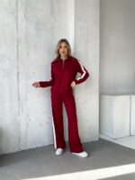 Женский Бордовый Трикотажный Костюм с Лампасами - Кофта с Широким Воротником + Штаны Палаццо