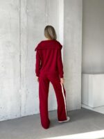 Женский Бордовый Трикотажный Костюм с Лампасами - Кофта с Широким Воротником + Штаны Палаццо