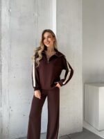 Женский Коричневый Трикотажный Костюм с Лампасами - Кофта с Широким Воротником + Штаны Палаццо