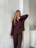 Женский Коричневый Трикотажный Костюм с Лампасами - Кофта с Широким Воротником + Штаны Палаццо