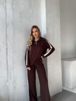 Женский Коричневый Трикотажный Костюм с Лампасами - Кофта с Широким Воротником + Штаны Палаццо
