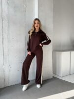Женский Коричневый Трикотажный Костюм с Лампасами - Кофта с Широким Воротником + Штаны Палаццо