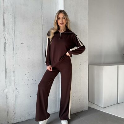 Женский Коричневый Трикотажный Костюм с Лампасами - Кофта с Широким Воротником + Штаны Палаццо