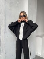 Женский Трикотажный Черный Костюм Оверсайз с Белыми Вставками - Кофта с Высоким Воротником + Штаны Палаццо