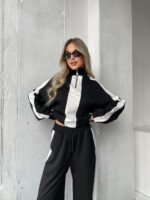 Женский Трикотажный Черный Костюм Оверсайз с Белыми Вставками - Кофта с Высоким Воротником + Штаны Палаццо