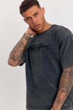 Мужской Графитовый Летний Костюм Двунитка Варенка с Вышивкой на Груди (Футболка + Шорты)