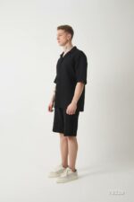 Мужской Трикотажный Черный Летний Ажурный Костюм - Рубашка с Коротким Рукавом + Шорты