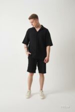 Мужской Трикотажный Черный Летний Ажурный Костюм - Рубашка с Коротким Рукавом + Шорты
