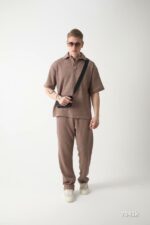 Мужской Коричневый Летний Костюм Трикотаж Вафелька - Рубашка с Коротким Рукавом + Штаны