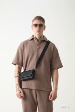 Мужской Коричневый Летний Костюм Трикотаж Вафелька - Рубашка с Коротким Рукавом + Штаны