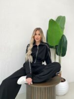 Женский Черный Костюм с Кантом - Кофта на Молнии + Широкие Штаны