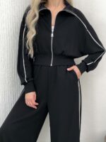 Женский Черный Костюм с Кантом - Кофта на Молнии + Широкие Штаны