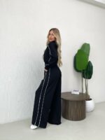 Женский Черный Костюм с Кантом - Кофта на Молнии + Широкие Штаны