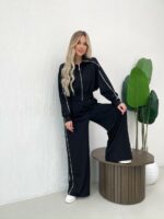 Женский Черный Костюм с Кантом - Кофта на Молнии + Широкие Штаны