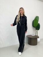 Женский Черный Костюм с Кантом - Кофта на Молнии + Широкие Штаны