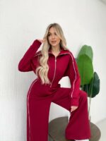 Женский Бордовый Костюм с Кантом - Кофта на Молнии + Широкие Штаны