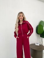 Женский Бордовый Костюм с Кантом - Кофта на Молнии + Широкие Штаны