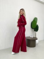 Женский Бордовый Костюм с Кантом - Кофта на Молнии + Широкие Штаны