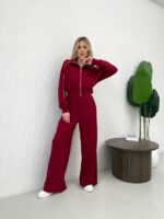 Женский Бордовый Костюм с Кантом - Кофта на Молнии + Широкие Штаны