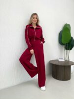 Женский Бордовый Костюм с Кантом - Кофта на Молнии + Широкие Штаны