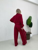 Женский Бордовый Костюм с Кантом - Кофта на Молнии + Широкие Штаны