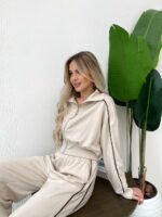 Женский Бежевый Костюм с Кантом - Кофта на Молнии + Широкие Штаны