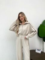Женский Бежевый Костюм с Кантом - Кофта на Молнии + Широкие Штаны