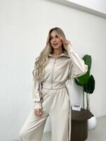 Женский Бежевый Костюм с Кантом - Кофта на Молнии + Широкие Штаны